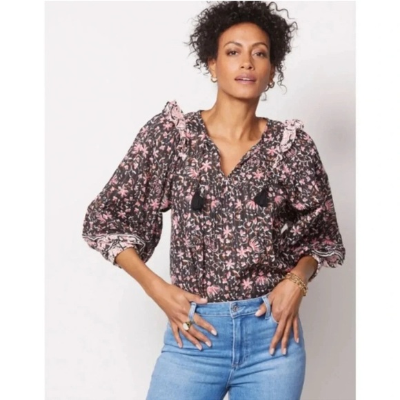 Cleobella Sz Small Brynlee Floral Top Organic Cotton Lurex Balloon Sleeves - Picture 2 of 11